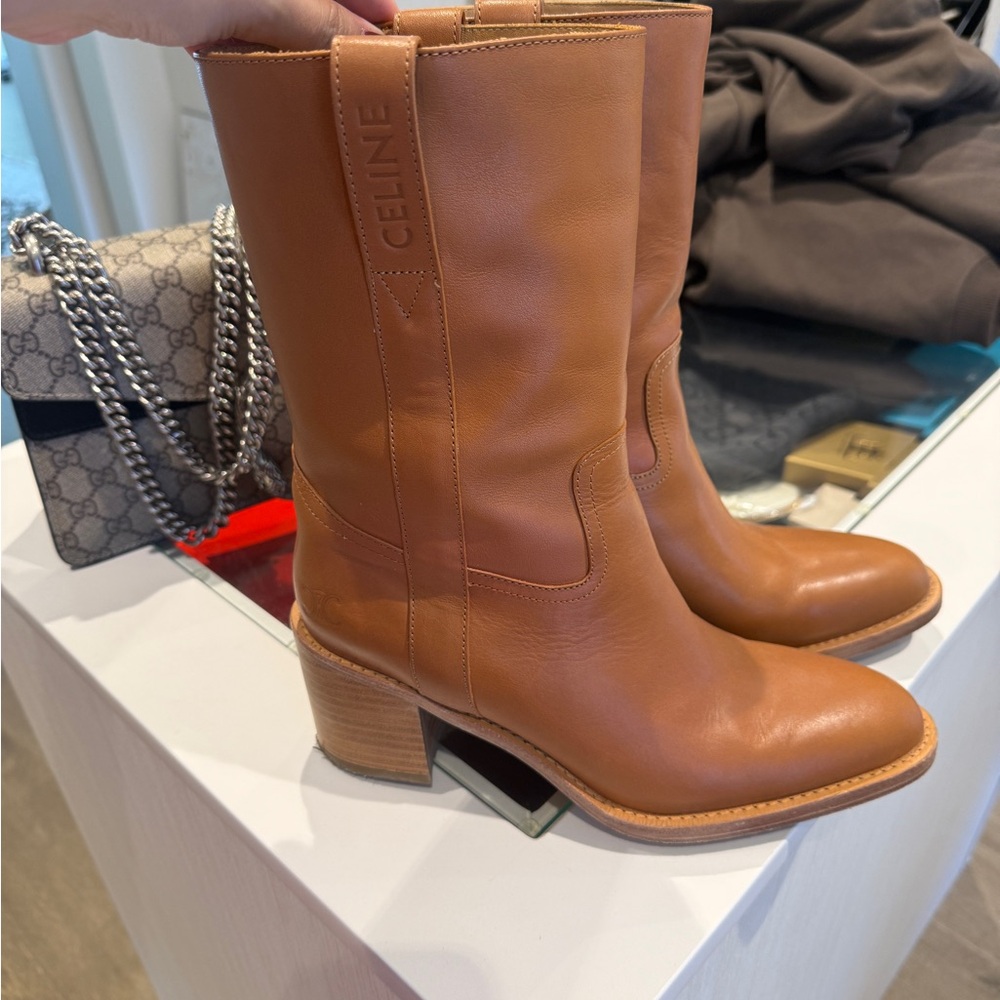 Celine Tan Leather Heeled Boots